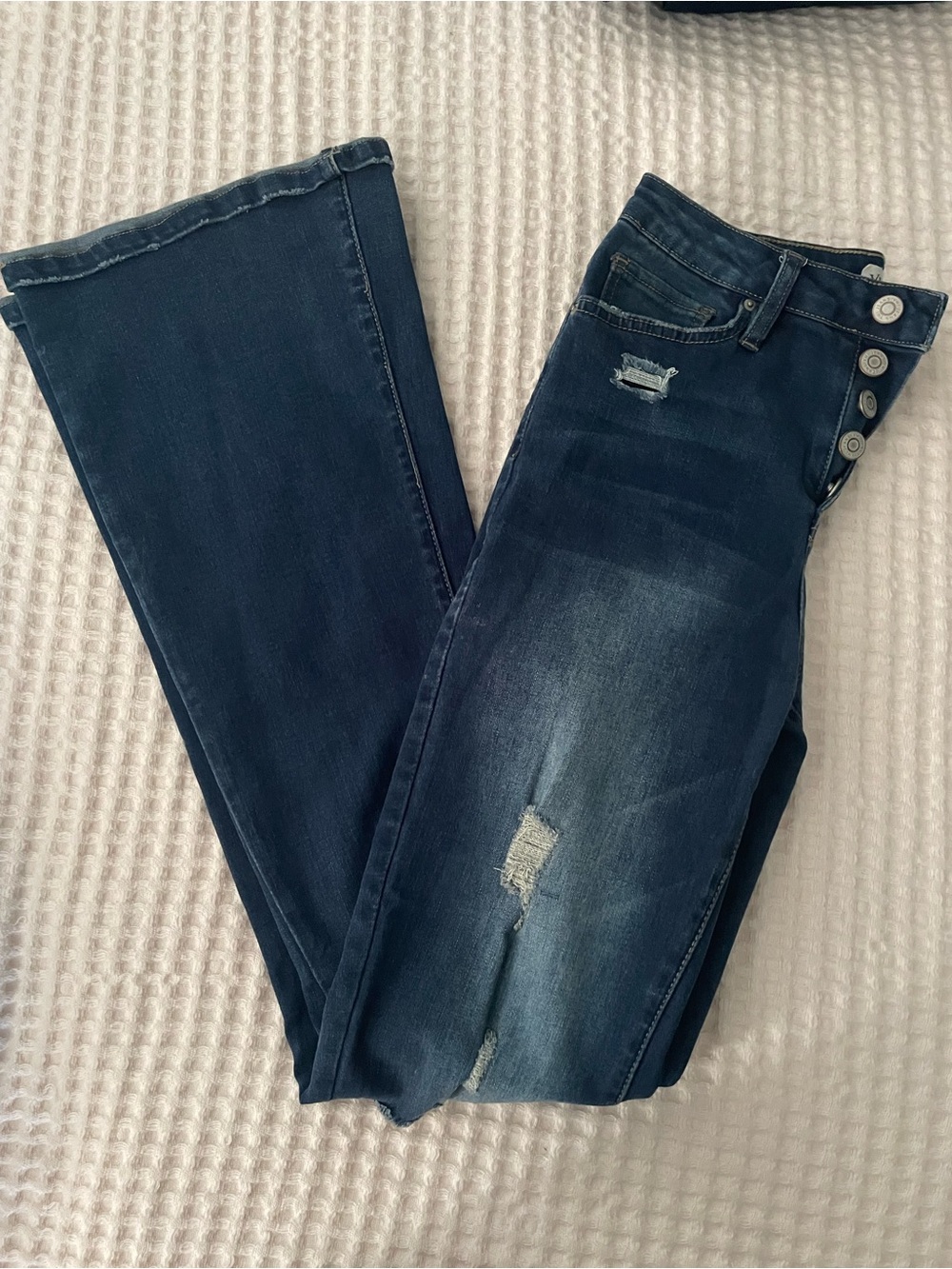 YMI Dark Blue Distressed Flare Jeans with Button-Fly Size 7/28